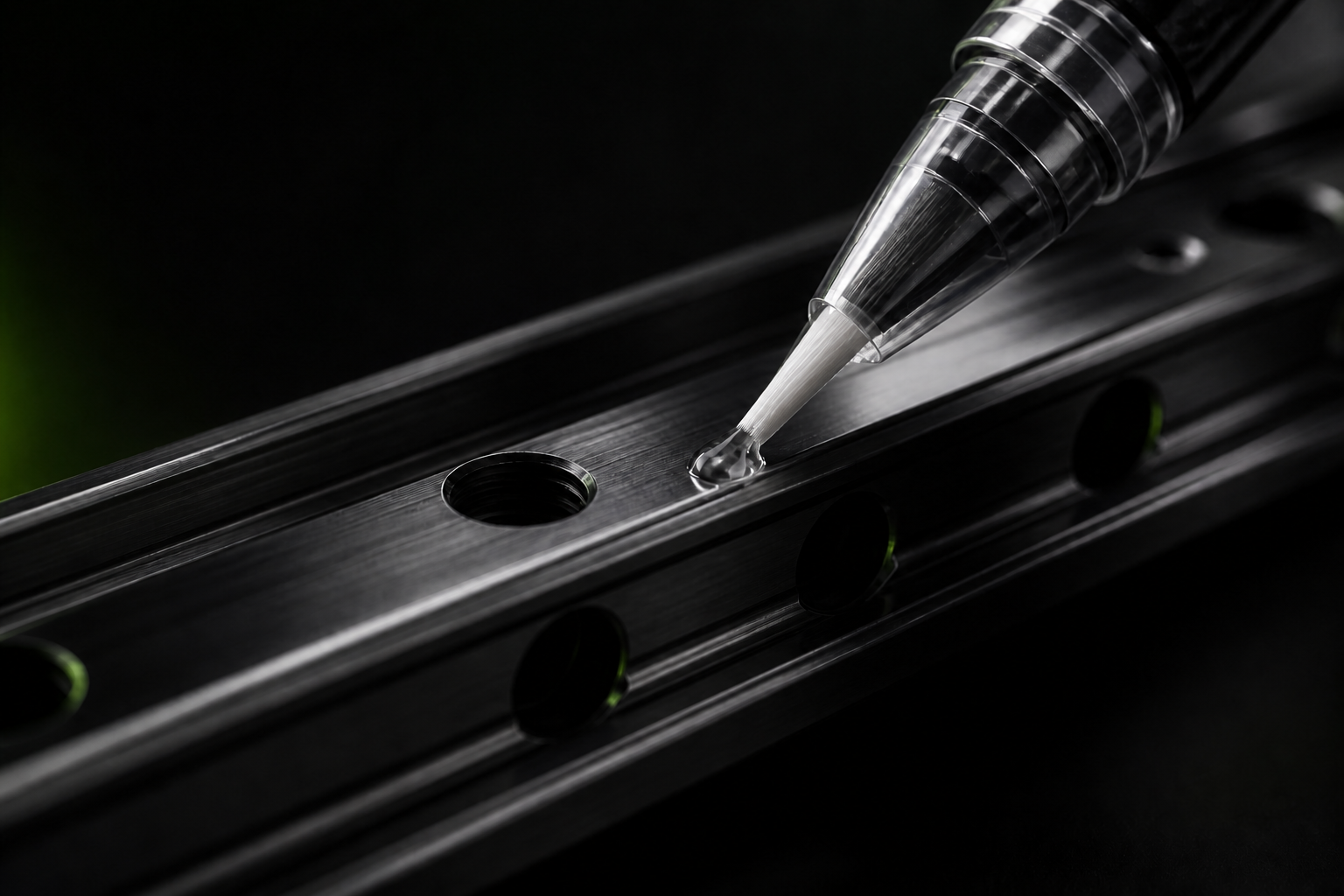 Applying a thin layer of ViscoMotion lubricant to a precision linear rail